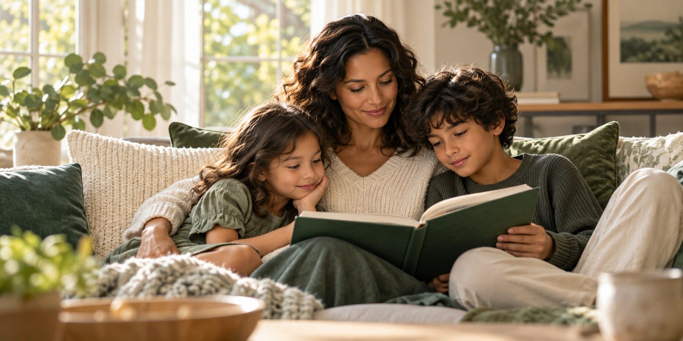 Parent reading with two children in a warm home