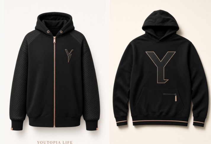 Two black hoodie concepts with bronze Youtopia mark